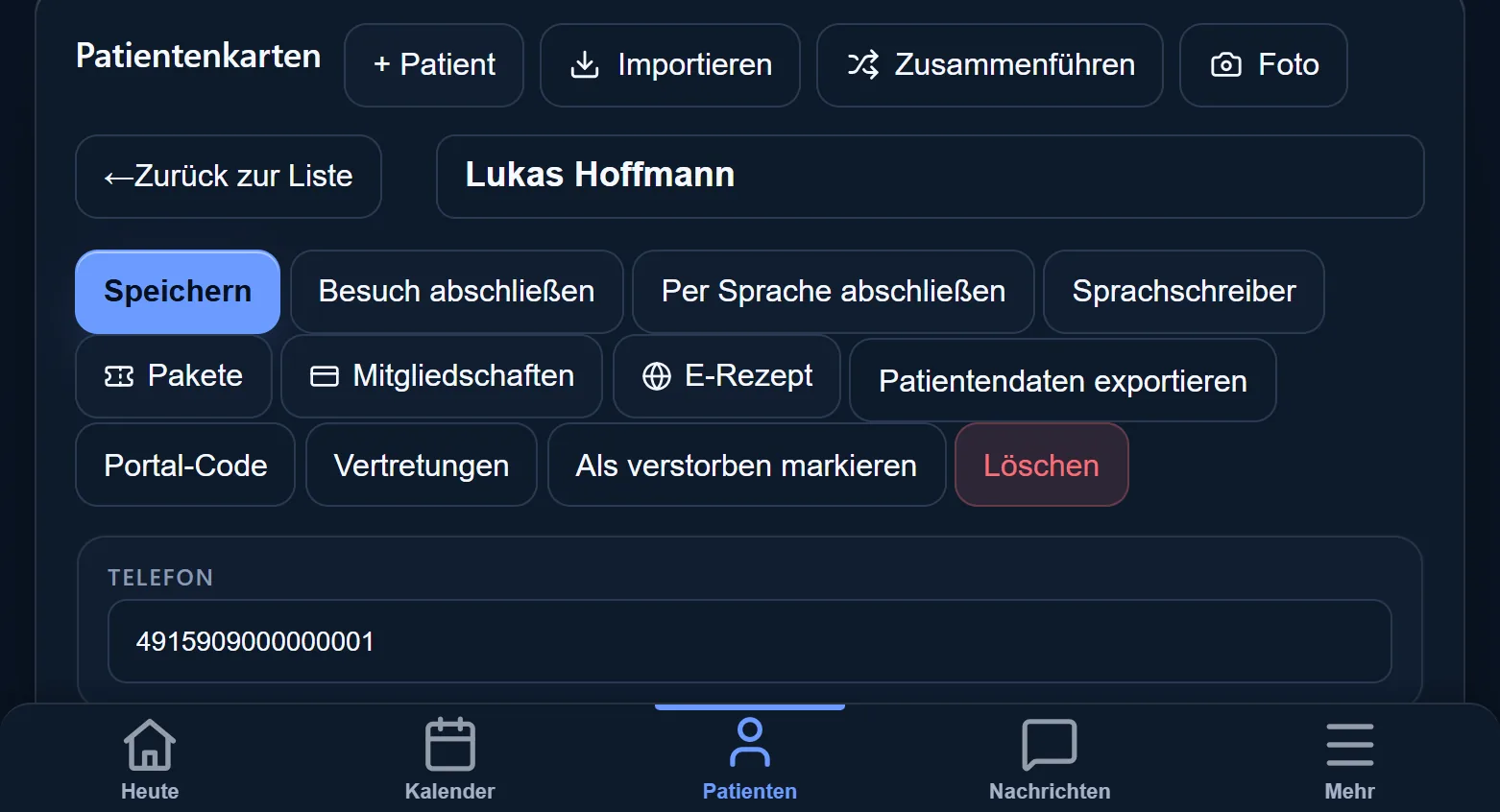 Die Patientenkarte im mobilen Cockpit: oben die Aktionsschaltflächen, darunter die Kontaktdaten.