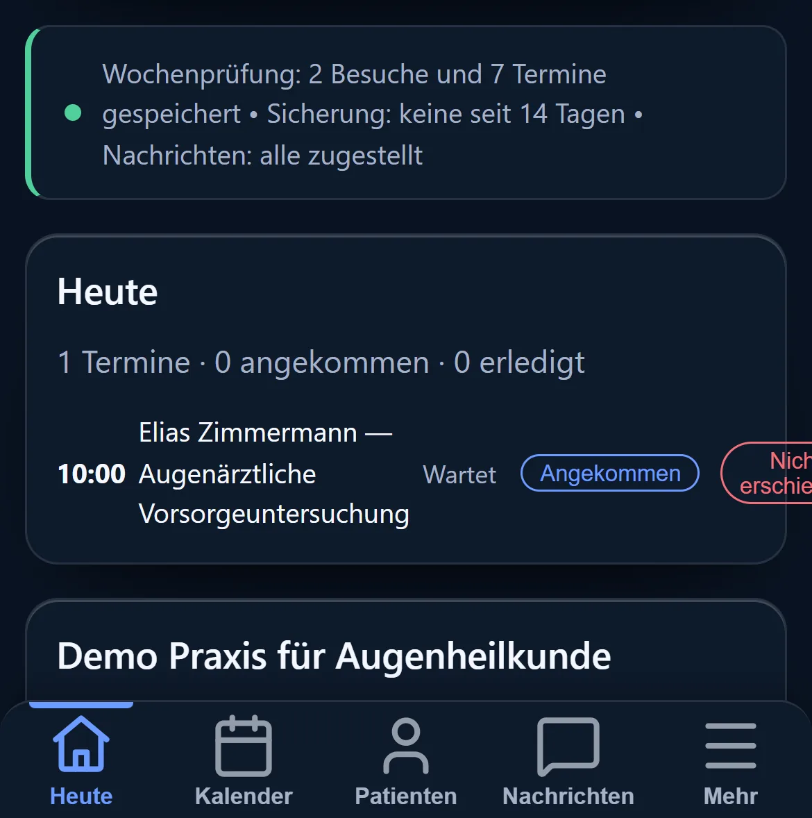 Die Praxis auf dem Handy: die Terminliste des Tages, mit Filter nach Ärztin oder Arzt und der Sprache des Patienten.