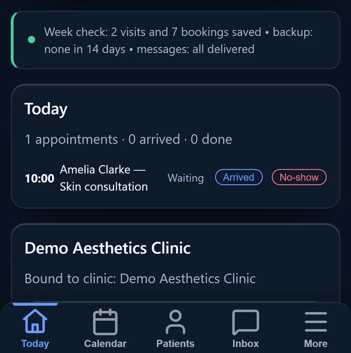 The portal open on a phone: appointments with the time, the patient and the language, and a button to book another.