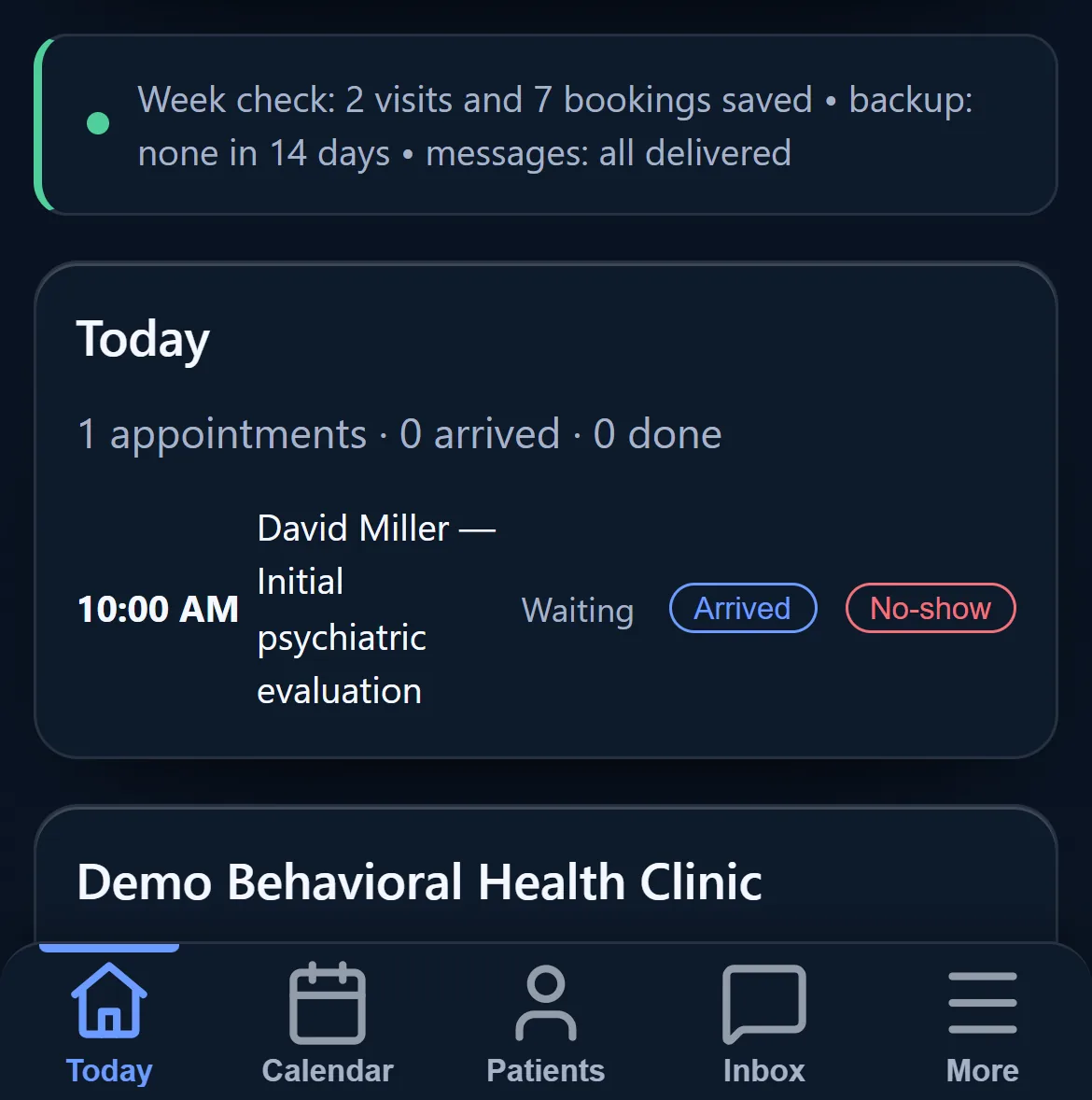 The patient portal on a phone: the patient's own appointments, with the option to book another.