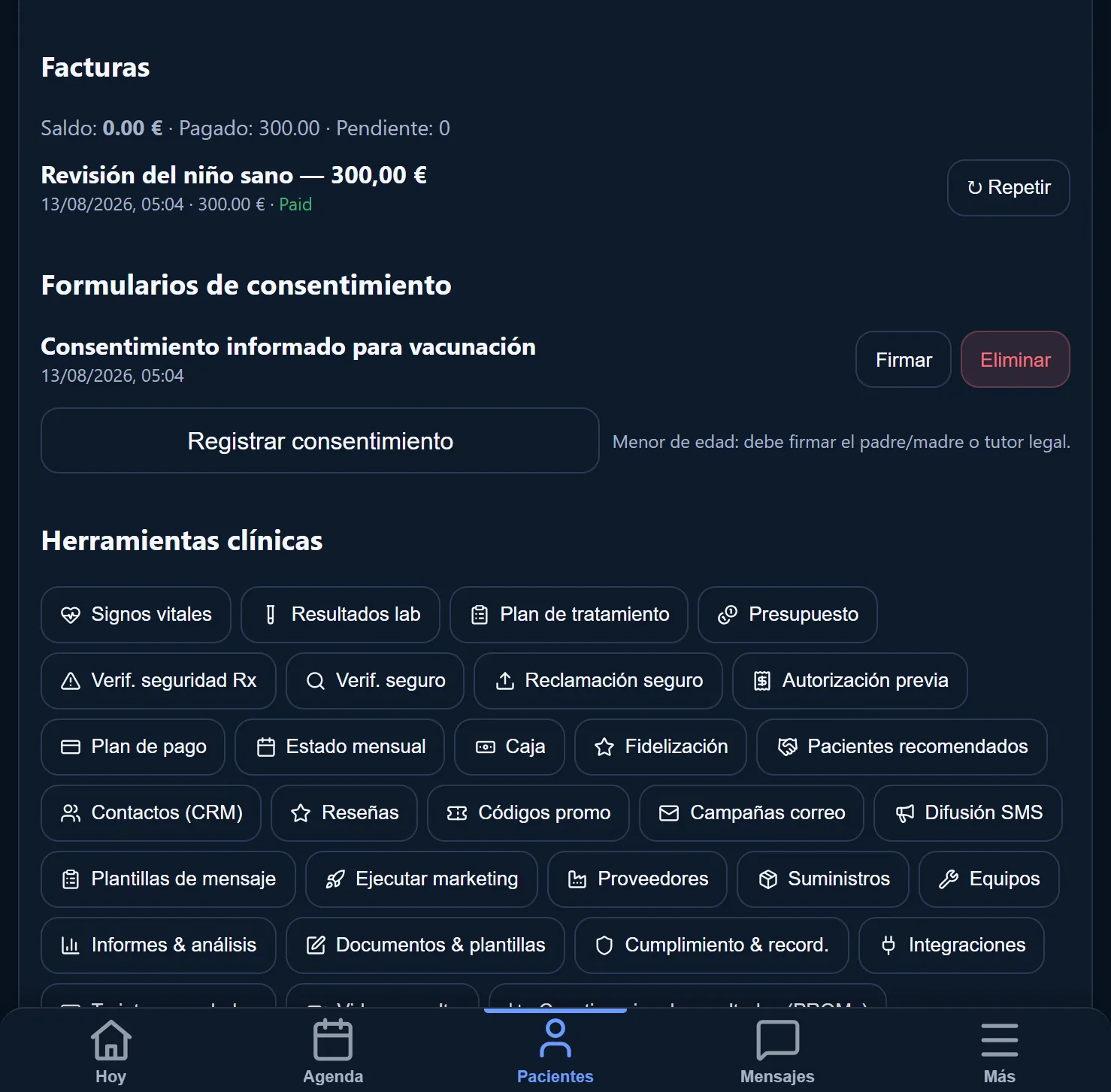 La parte económica de la ficha del paciente: facturas con lo cobrado y lo pendiente, y consentimientos a la espera de firma.