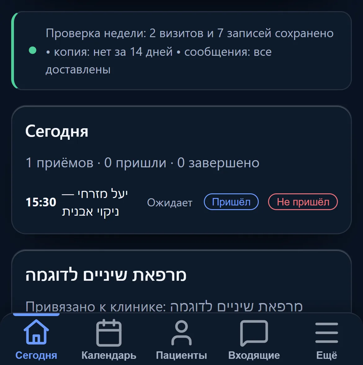 Кабинет на телефоне: записи на выбранный день — время, пациент и язык обращения.