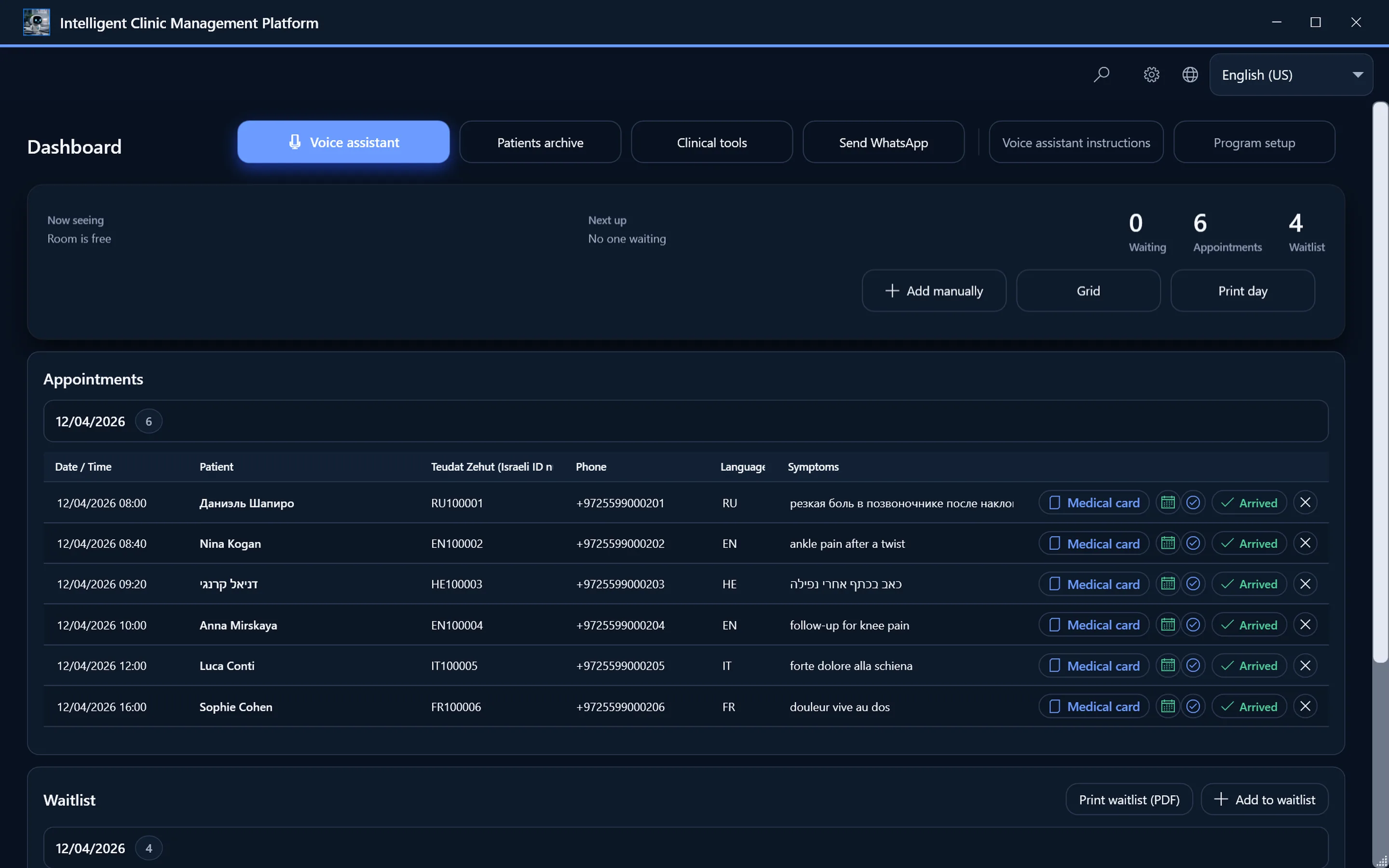 The program's main window: today's appointments, the waiting list and the voice assistant.